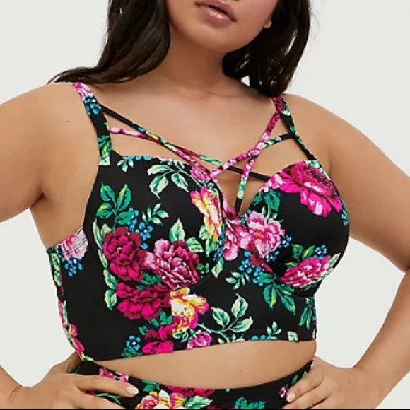 Torrid Black Floral Lattice Underwire Swim Bikini Top Plus Size 3 D/DD - Picture 2 of 7